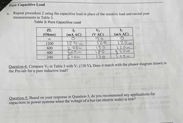 Pure Capacitive Load a. Repeat procedure 2 using the | Chegg.com