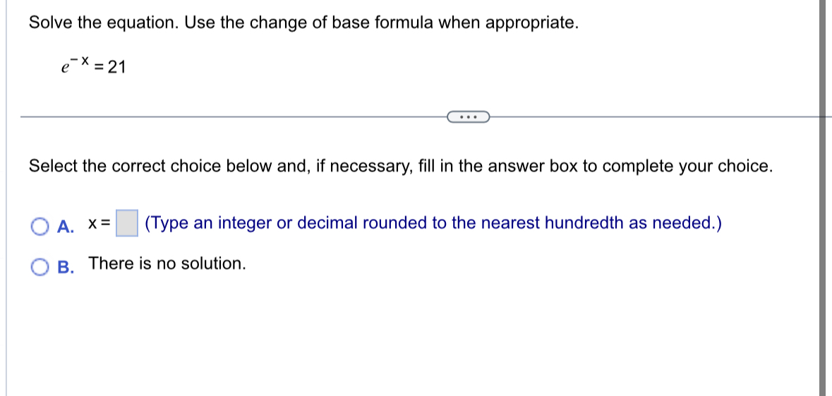 Solved Solve the equation. Use the change of base formula | Chegg.com