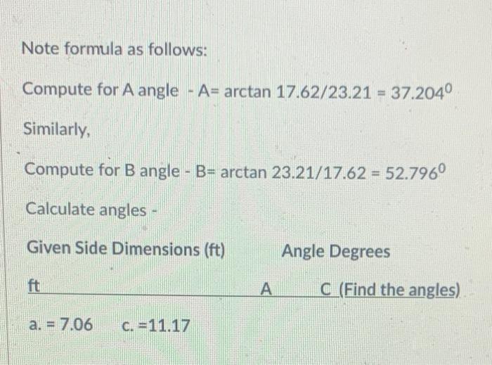 Solved Note formula as follows: Compute for A angle - A= | Chegg.com
