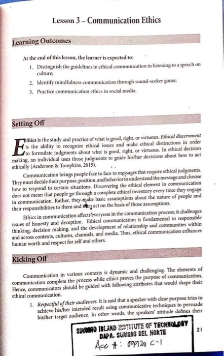 Lesson 3 - Communication Ethics Learning Outcomes At | Chegg.com