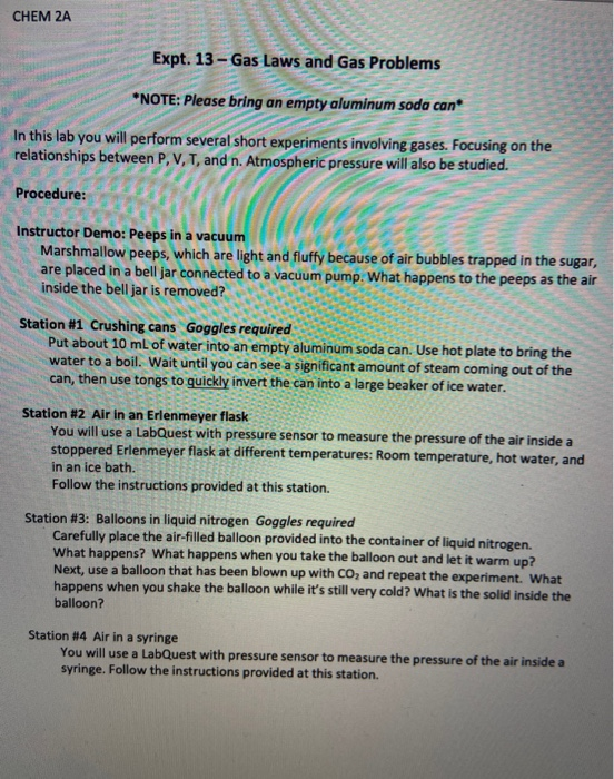 Chem 2a Expt 13 Gas Laws And Gas Problems Note Chegg Com