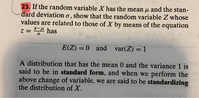 Solved 23. If the random variable X has the mean u and the | Chegg.com