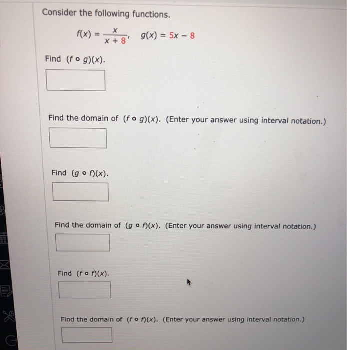 Solved Consider the following functions. f(x) = * gg(x) = 5x | Chegg.com