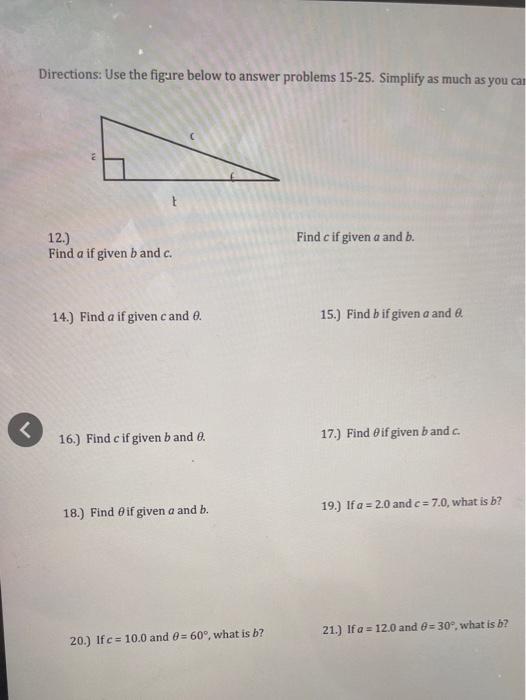 Solved 12.) Find a if given b and c. Find c if given a and | Chegg.com