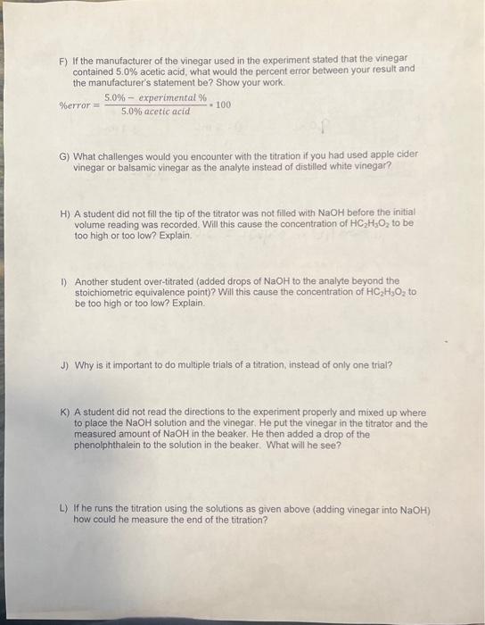 Solved Titration for Acetic Acid in VinegarResults