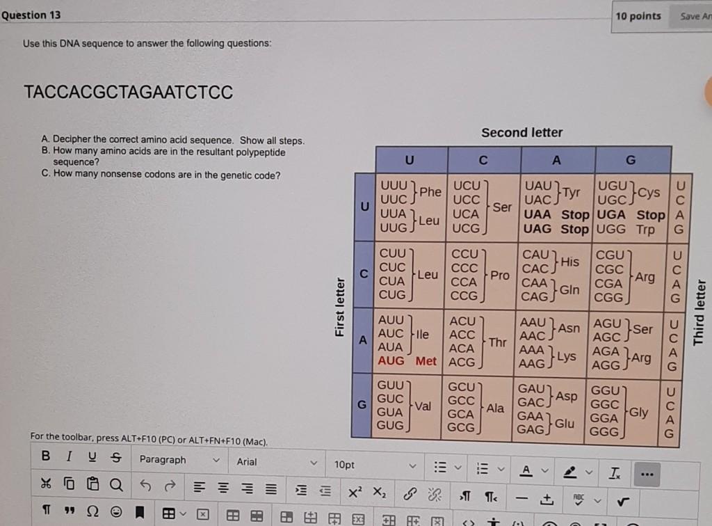 Solved Question 13 10 points Save An Use this DNA sequence | Chegg.com