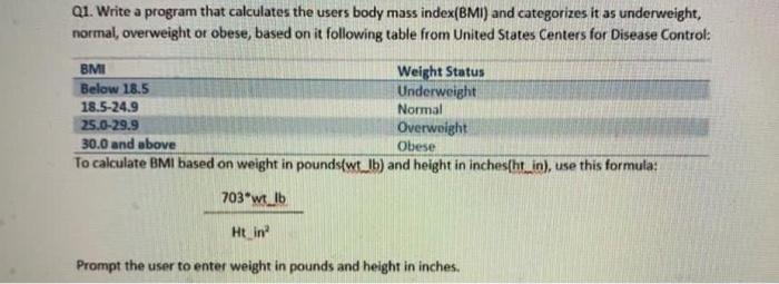 Solved Q1. Write a program that calculates the users body | Chegg.com