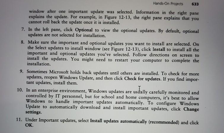 Hands-On projects 633 window after one important update was selected. information in the right pane explains the update. for