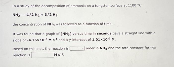 Solved In a study of the decomposition of ammonia on a | Chegg.com