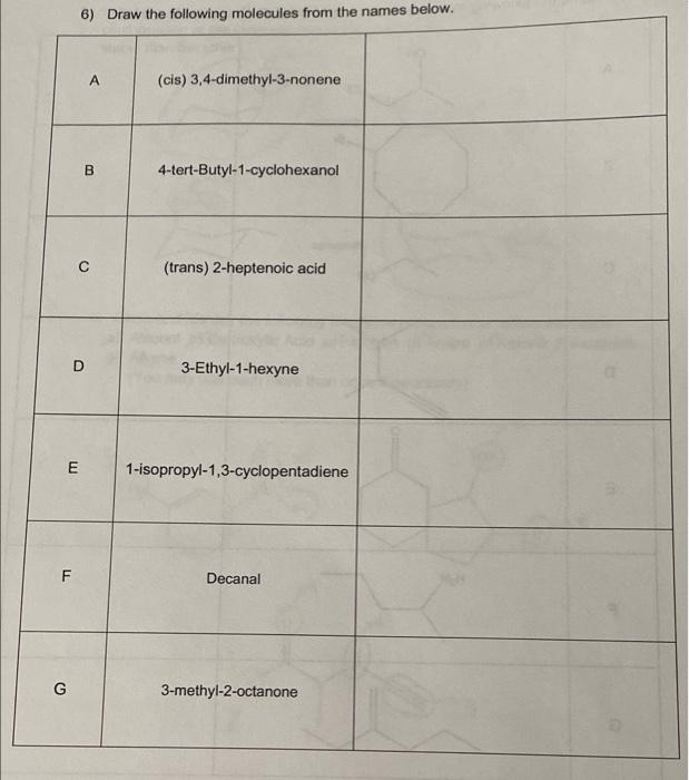 F
G
6) Draw the following molecules from the names below.
A
(cis) 3,4-dimethyl-3-nonene
4-tert-Butyl-1-cyclohexanol
(trans) 2