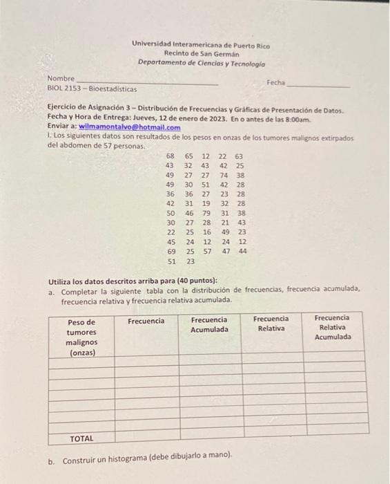 Ejercicio de Asignación 3 - Distribución de Frecuencias y Gráficas de Presentación de Datos. Fecha y Hora de Entrega: Jueves,