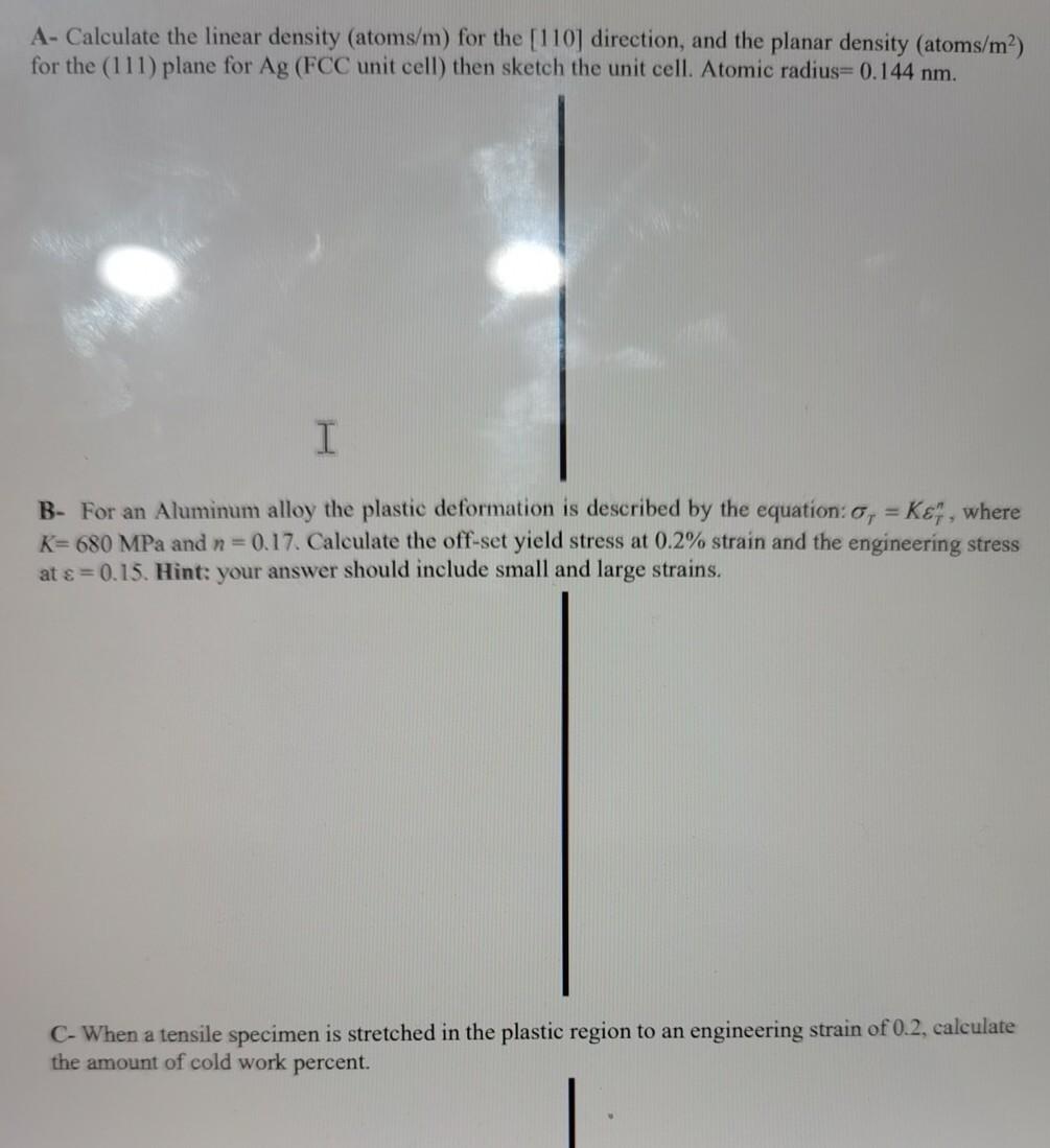 Solved A- Calculate the linear density (atoms/m) for the | Chegg.com