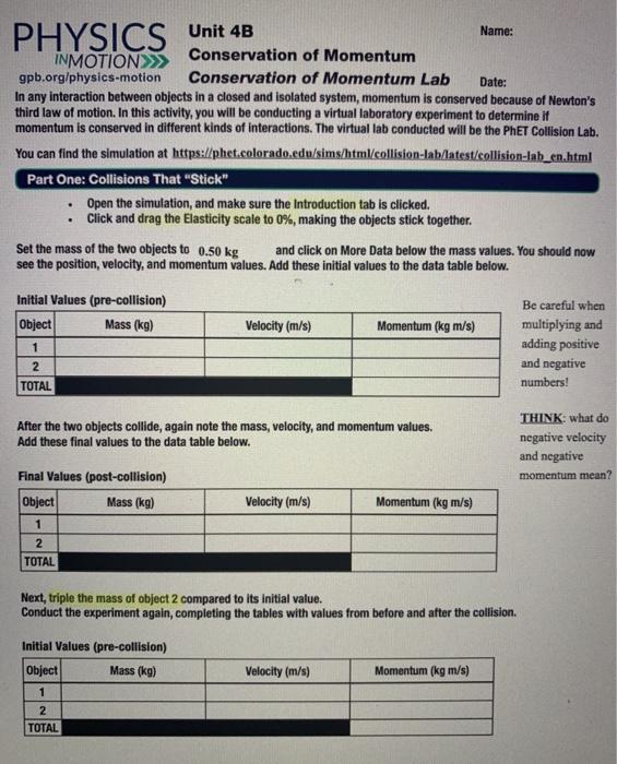 physics in motion unit 4b conservation of momentum practice problems answers