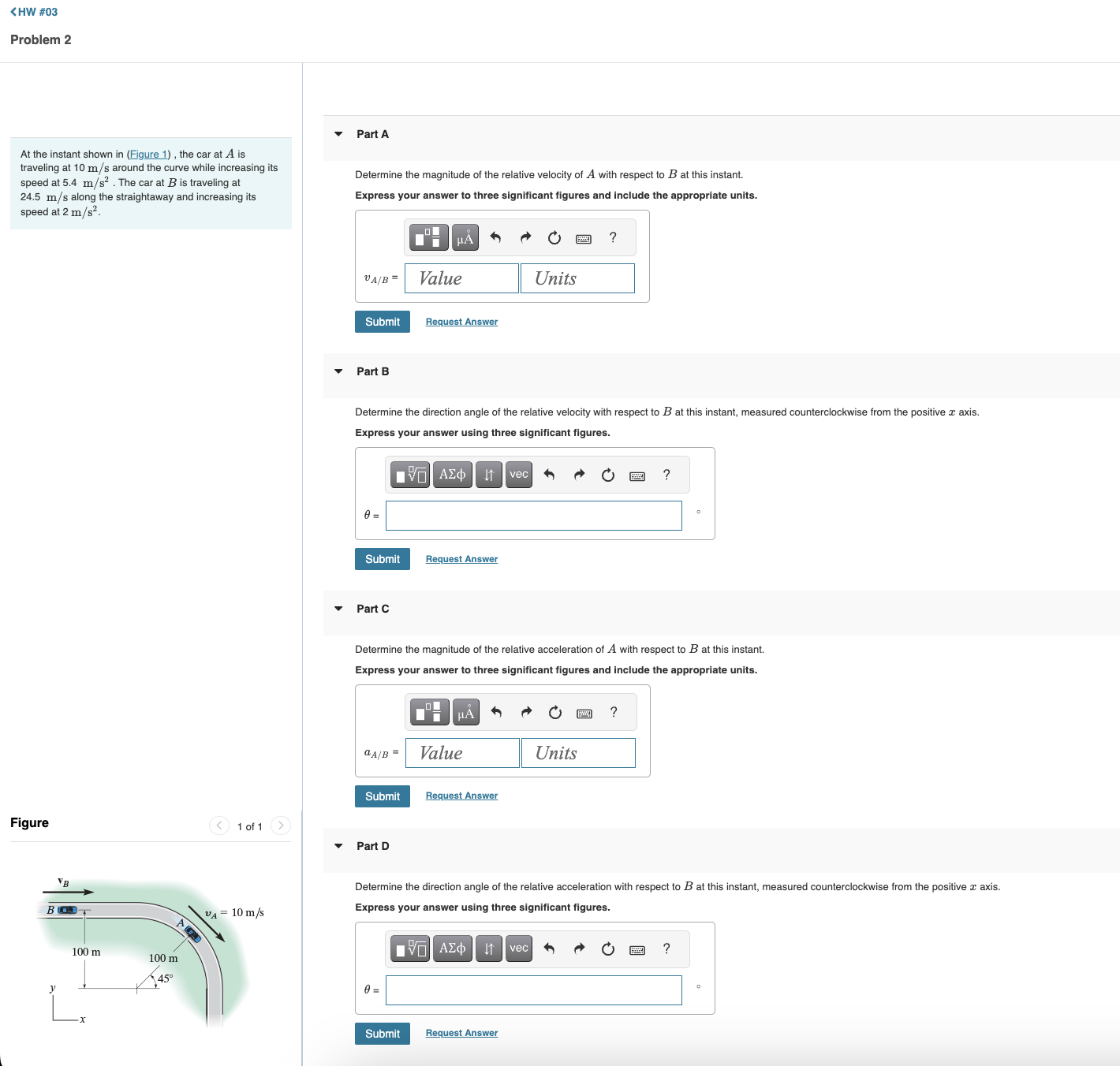 Solved At the instant shown in (Figure 1), ﻿the car at A | Chegg.com