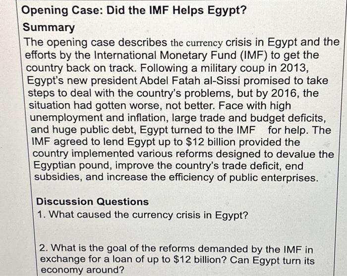 Opening Case: Did The IMF Helps Egypt? Summary The | Chegg.com