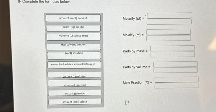 Solved 9- Complete the formulas below. Molarity (M)= | Chegg.com