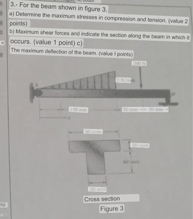 3.- For the beam shown in figure 3 . a) Determine the maximum stresses in compression and tension. (value 2 points) b) Maximu