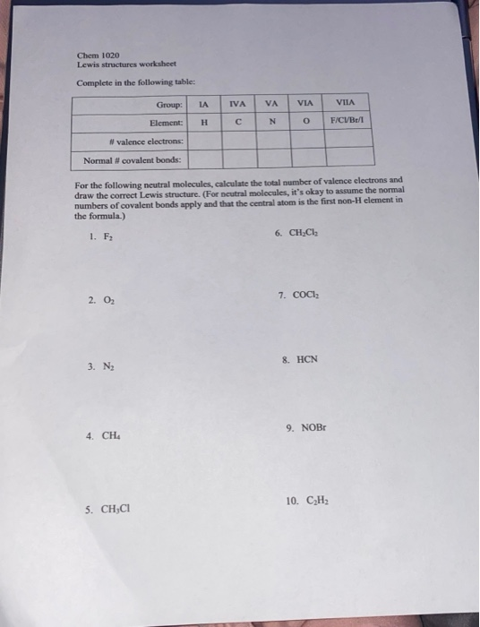 Solved Chem 1020 Lewis structures worksheet Complete in the | Chegg.com
