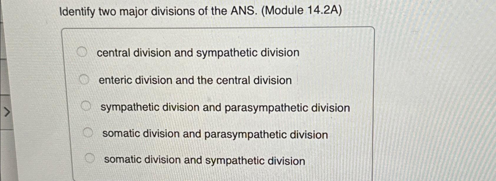Solved Identify two major divisions of the ANS. (Module | Chegg.com