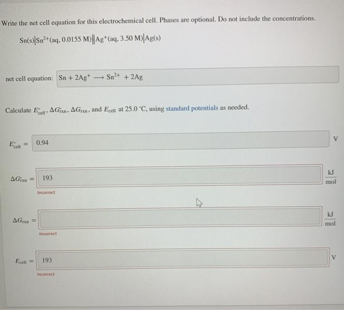 Solved Write the net cell equation for this electrochemical | Chegg.com