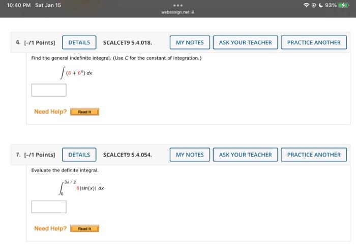 Solved 10:40 PM Sat Jan 15 @ 93% webassign.net ASK YOUR | Chegg.com