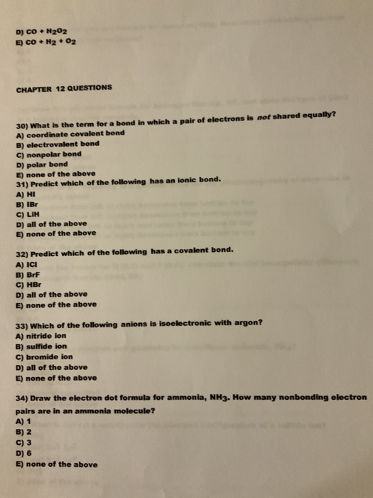 Solved D) CO .N202 E) CO + N2 + O2 CHAPTER 12 QUESTIONS 30) | Chegg.com