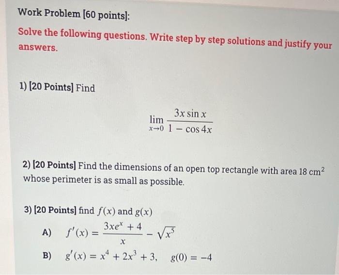 Solved Work Problem (60 points]: Solve the following | Chegg.com