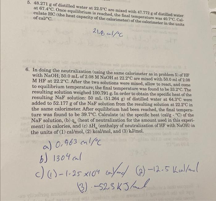 Solved 5. 48.271 g of distilled water at 22.5∘C are mixed | Chegg.com
