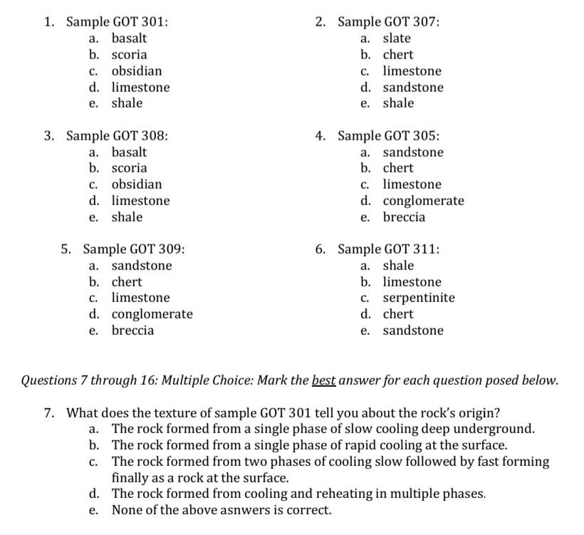 Solved 1. Sample GOT 301: a. basalt b. scoria c. obsidian d. | Chegg.com