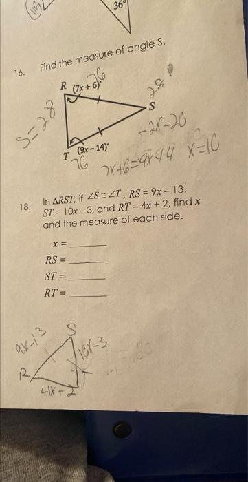 16. Fil the measure of angle S. 18. In RST, if | Chegg.com