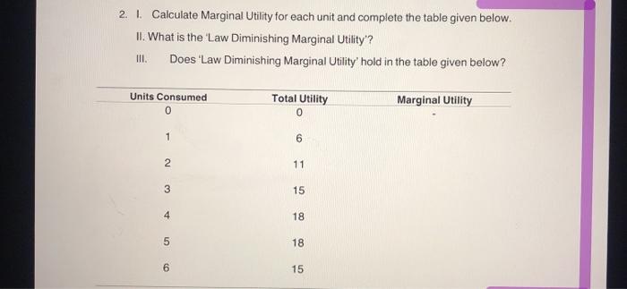Solved 2. I. Calculate Marginal Utility for each unit and | Chegg.com
