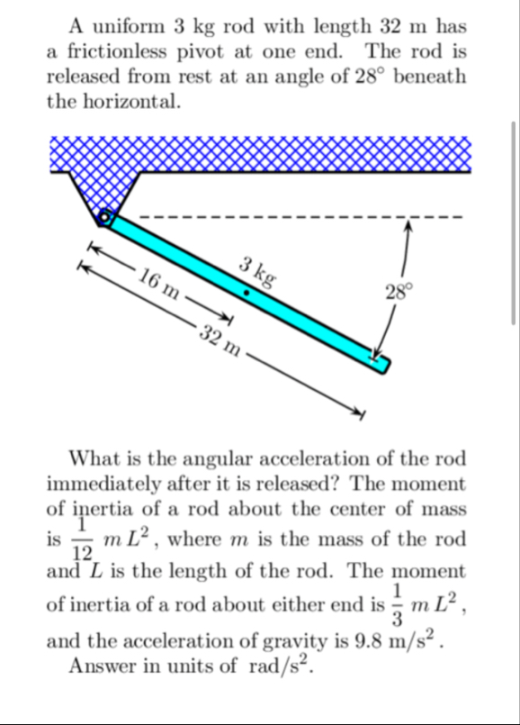 A uniform 3 ﻿kg rod with length 32 ﻿m has a | Chegg.com