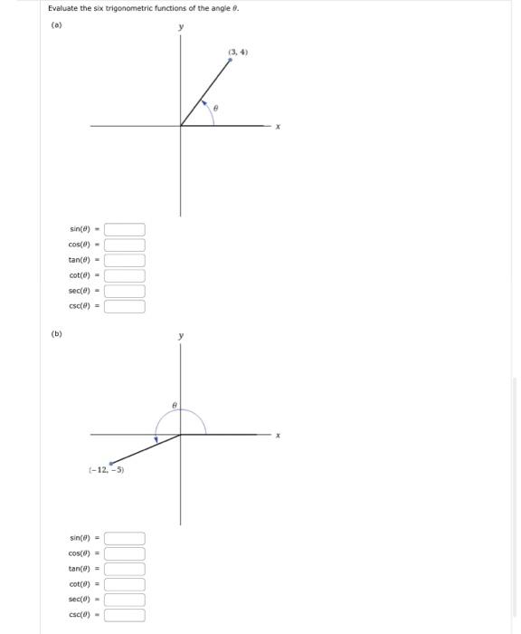 Evaluate the six trigonometric functions of the angle \( \theta . \)
(a)
\[
\begin{array}{l}
\sin (\theta)= \\
\cos (\theta)=