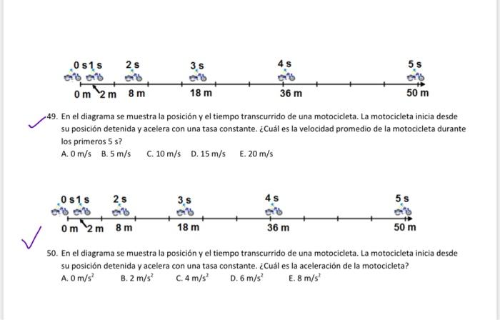 49. En el diagrama se muestra la posición y el tiempo transcurrido de una motocicleta. La motocicleta inicia desde su posició