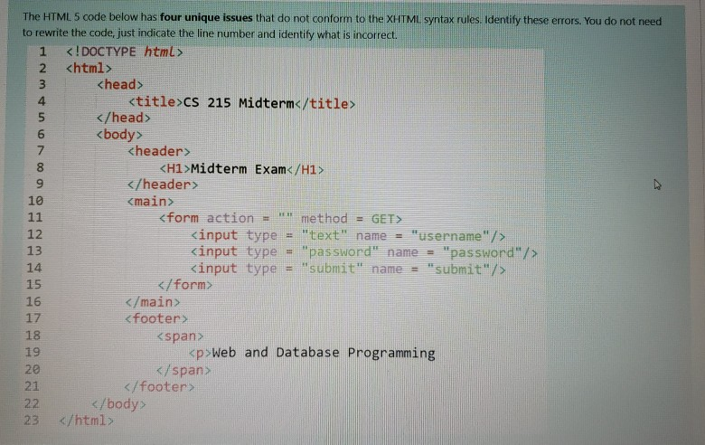 Solved V The HTML 5 code below has four unique issues that | Chegg.com
