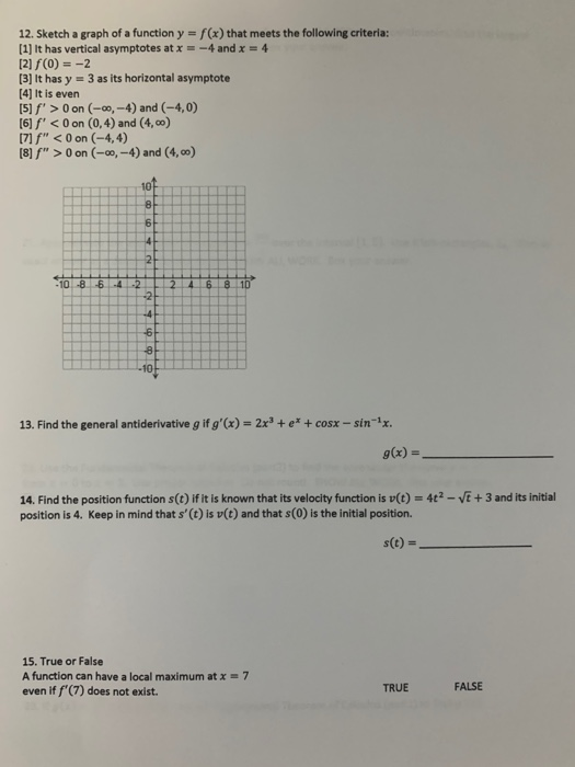 Solved 12. Sketch a graph of a function y = f(x) that meets | Chegg.com