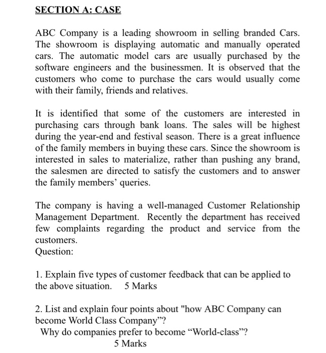 Solved Section A Case Abc Company Is A Leading Showroom Chegg Com