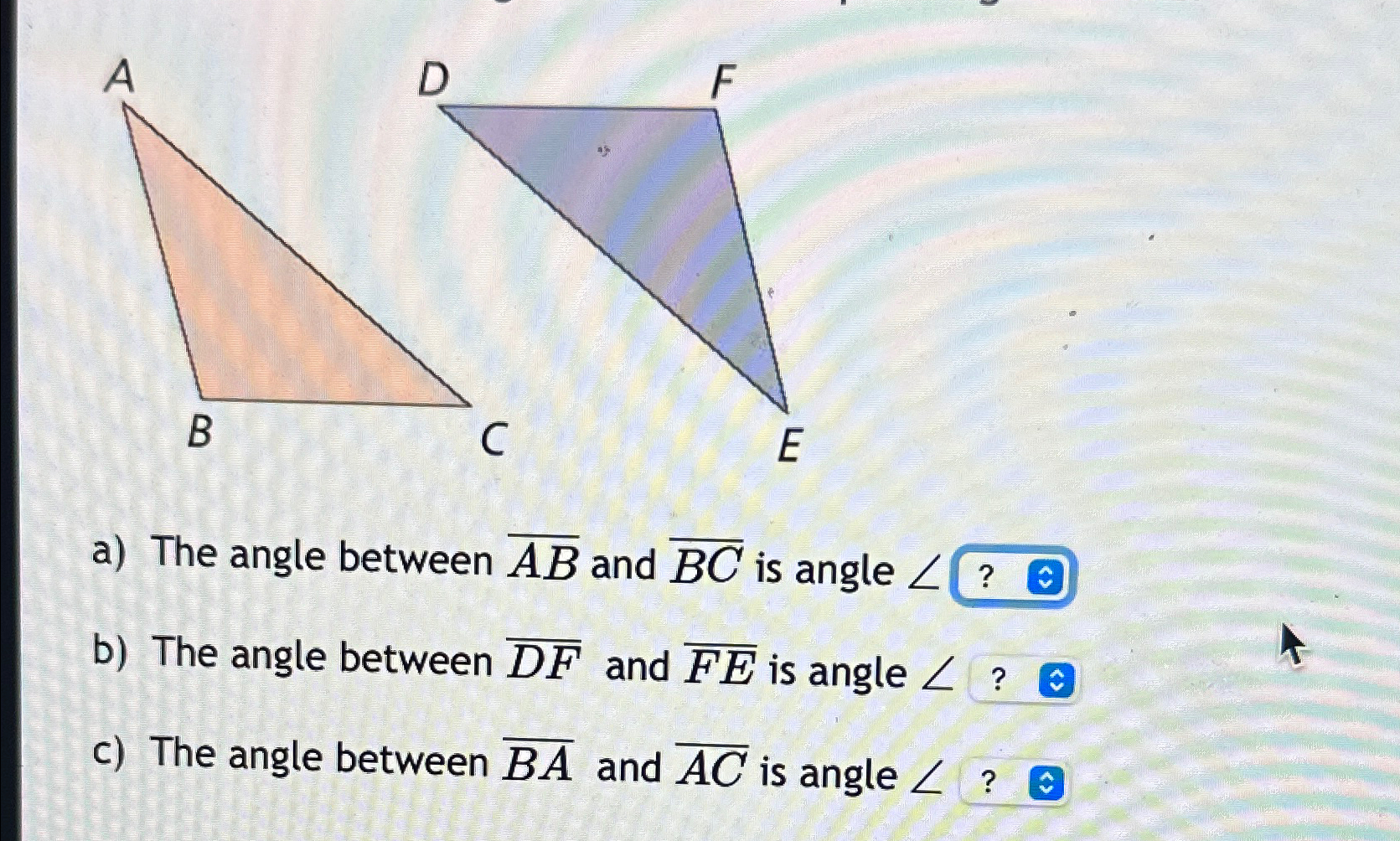 Solved A) ﻿The Angle Between /bar (AB) ﻿and /bar (BC) ﻿is | Chegg.com