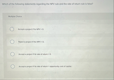 Solved Which of the following statements regarding the NPV | Chegg.com