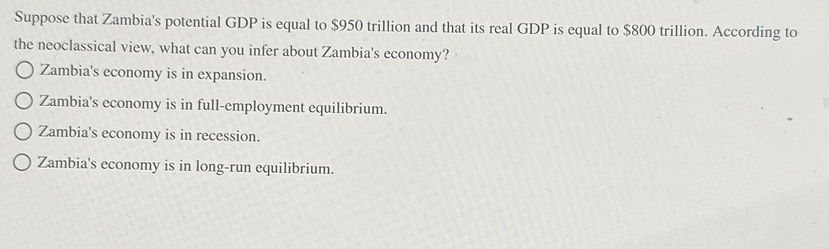 Solved Suppose that Zambia's potential GDP is equal to $950 | Chegg.com