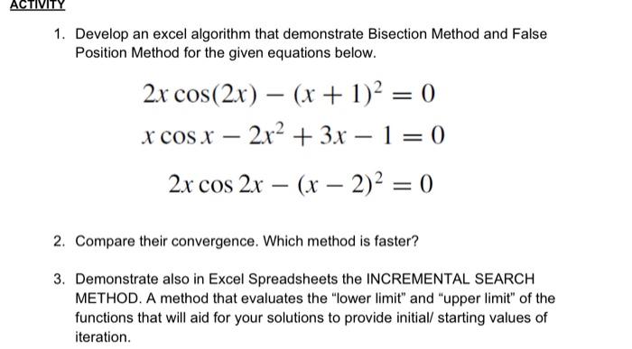 ACTIVITY 1. Develop an excel algorithm that | Chegg.com