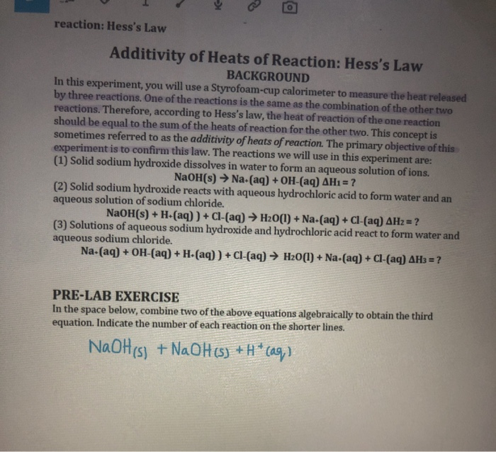 reaction Hess's Law Additivity of Heats of Reaction