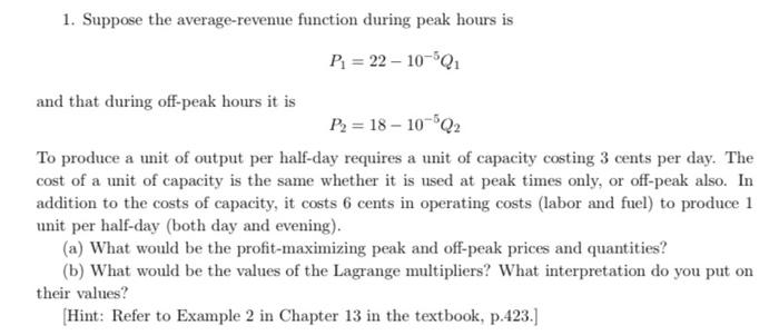 Suppose the average-revenue function during peak | Chegg.com