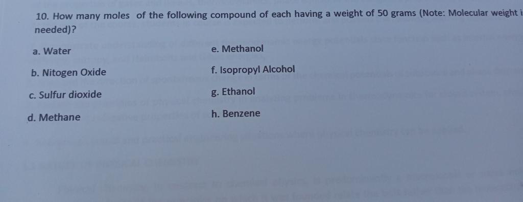 Solved 10. How many moles of the following compound of each | Chegg.com
