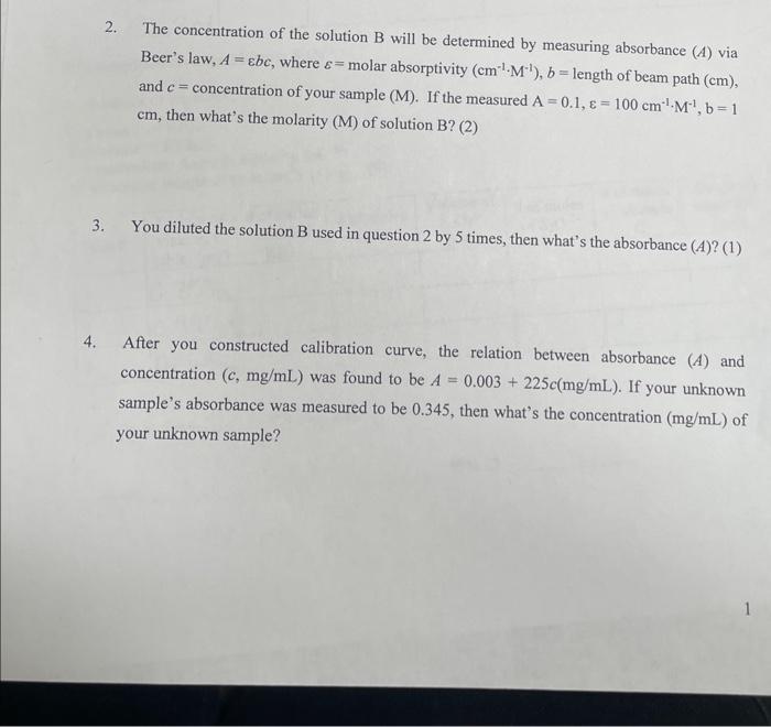 Solved 2. The Concentration Of The Solution B Will Be | Chegg.com