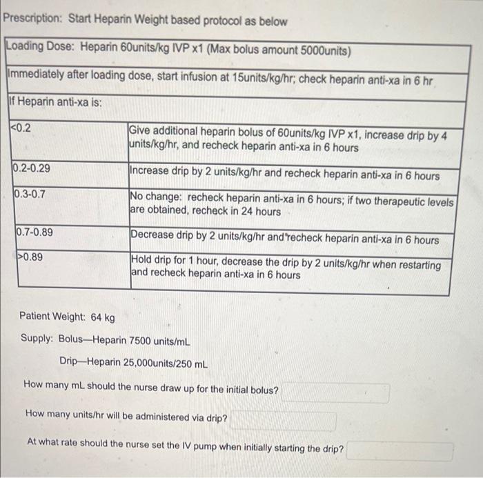 Solved Prescription: Start Heparin Weight based protocol as | Chegg.com