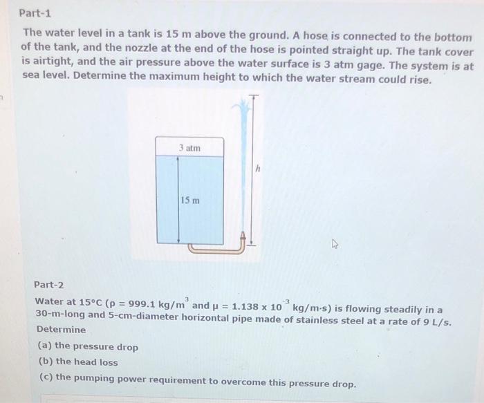 Solved Part-1 The water level in a tank is 15 m above the | Chegg.com