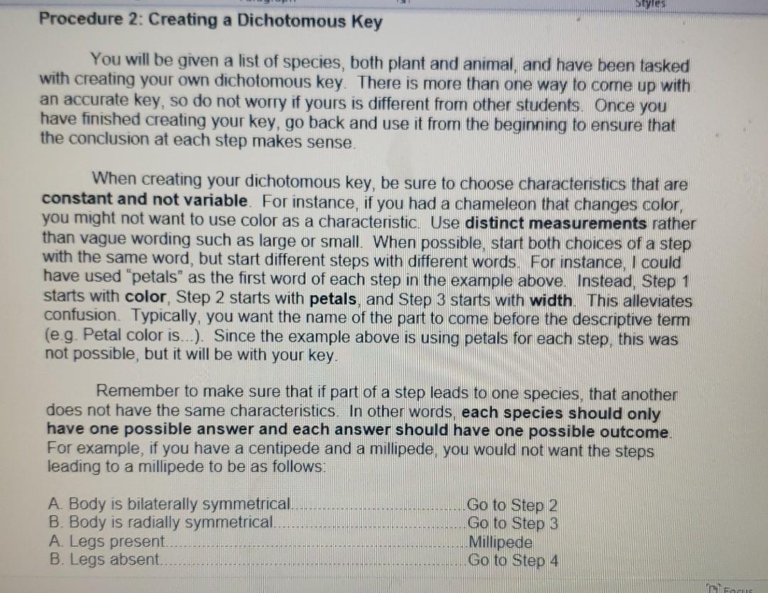 Solved Styles Procedure 2: Creating a Dichotomous Key You | Chegg.com