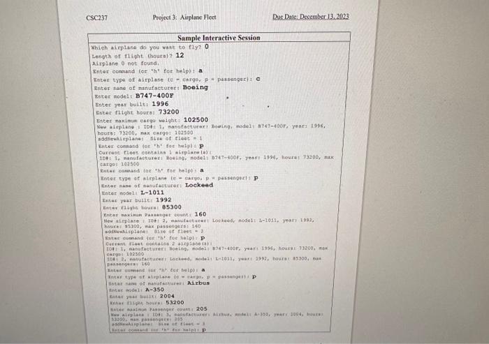 Solved csc237 Projact 3: Airplane Floe Due Dak: December | Chegg.com