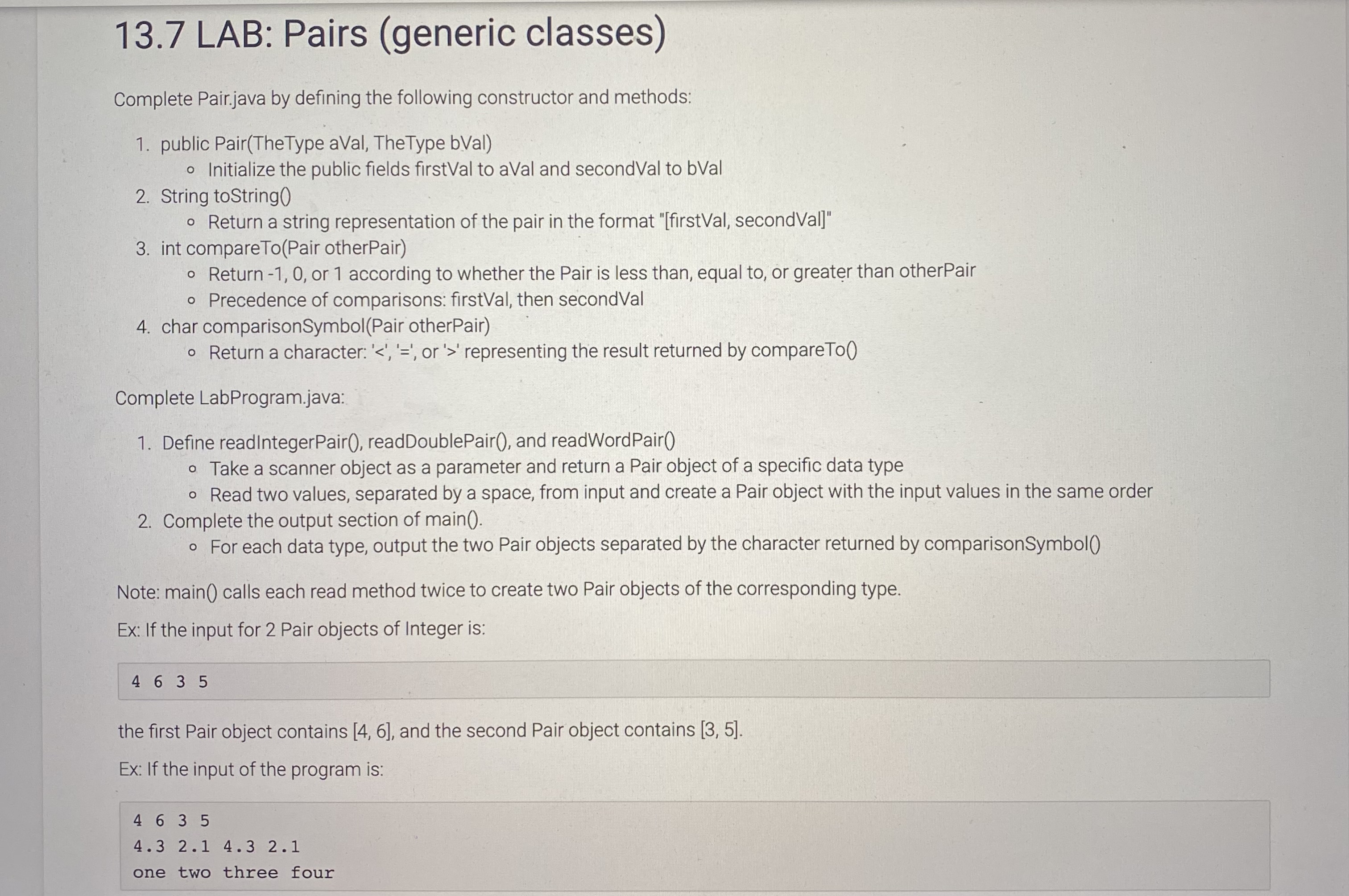 13.7 ﻿LAB: Pairs (generic ﻿classes)Complete Pair.java | Chegg.com
